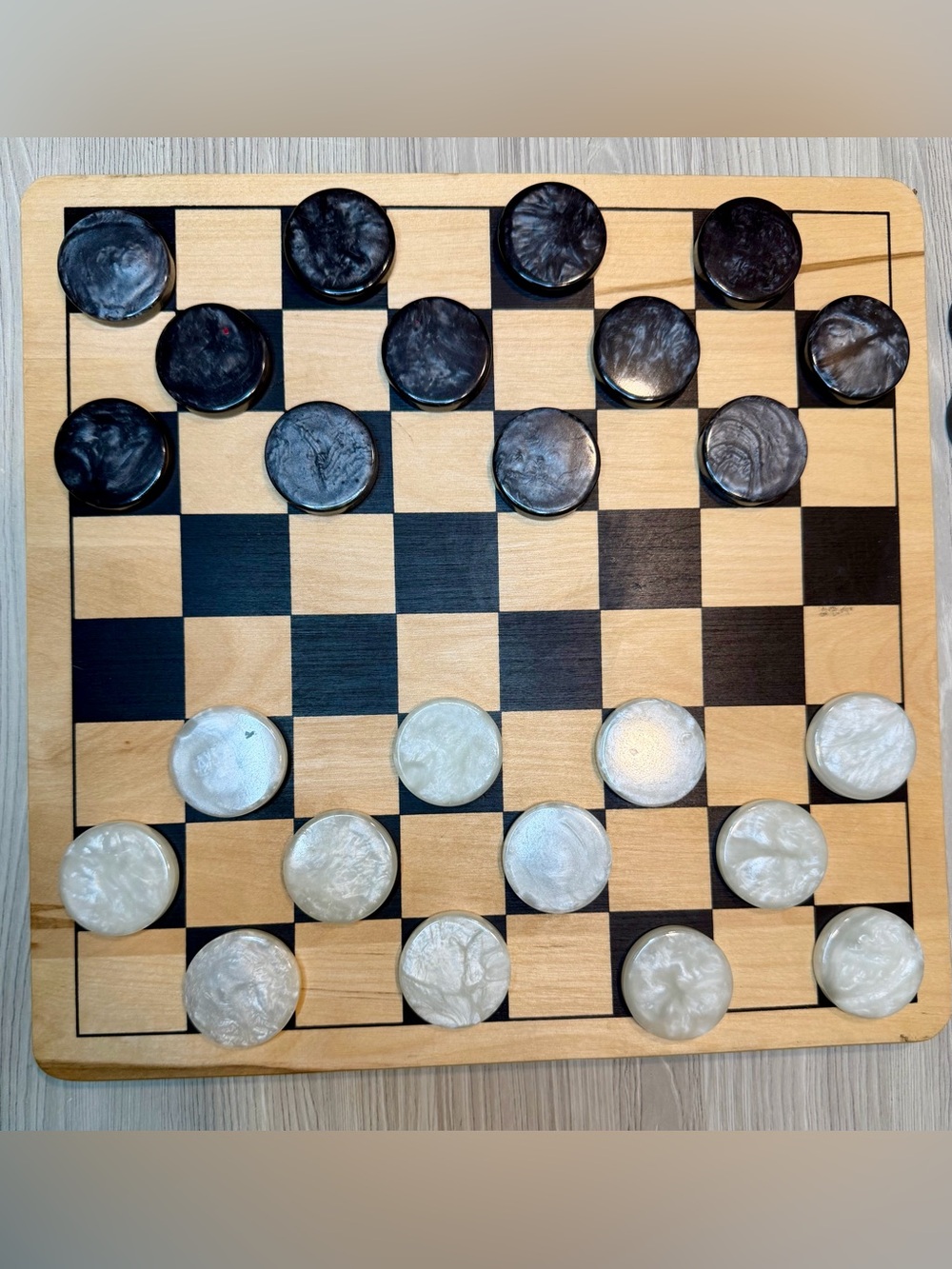 Vintage Wooden Checkers Board Game Set with Pearlescent Resin Pieces